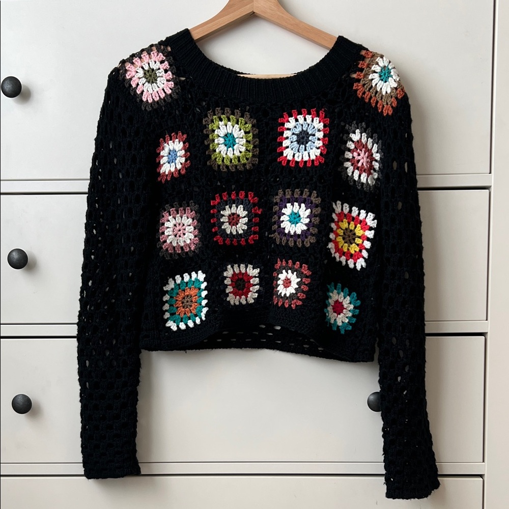 Black Crochet Sweater with Multicolor Squares
